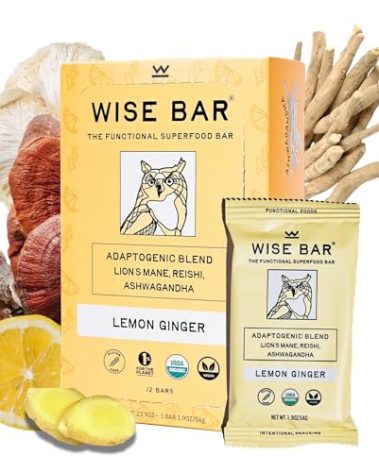 Wise Bar Adaptogen Mushroom Nutrition Bars with Reishi, Lions Mane & Ashwagandha, Organic Vegan & Gluten Free Snacks for Natural Focus, Energy & Immunity Support, Lemon Ginger Flavor, 12 Count