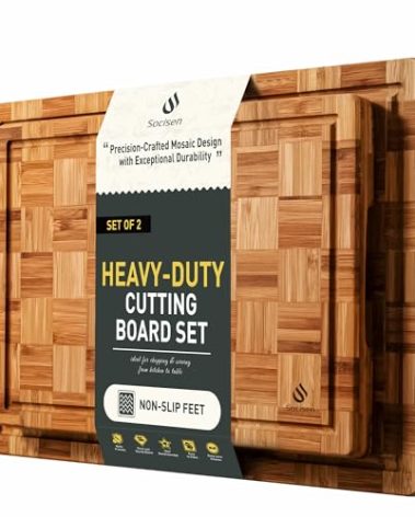 2 Pack Heavy Duty Bamboo Cutting Board Set Non Slip Over Sink Solid End Grain Thick Wood Chopping Board Extra Large Big Small Best Organic Hardwood Wooden Kitchen Essential New Home Housewarming Gift