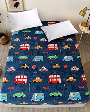 NATURETY Bedding Fitted Sheet with Deep Pocket Mattress Cover Sheets,Thicken Fabric Cars Printed Bed Sheets (Navy Blue(Cars), Twin)