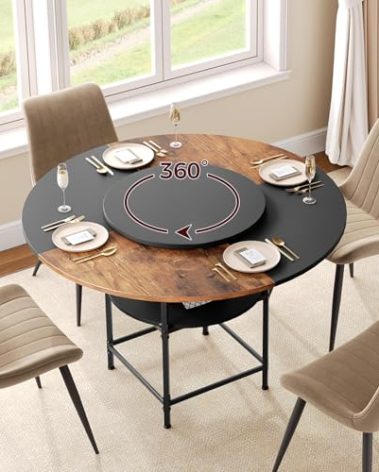 MAHANCRIS Round Dining Table for 4, Dinner Table with Storage Shelf, 47.2'' Dining Room Table, Circle Tables, Farmhouse Wood Kitchen Tables for Dining Room Living Room, Rustic Brown DTHR12001