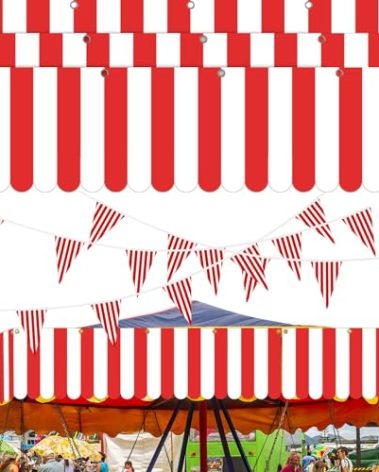 Preboun 6 Pcs Carnival Circus Tent Party Decorations Red White Striped Hanging Banner with Triangle Bunting Flag Party Supplies, 9.84 x 78.74 Inches