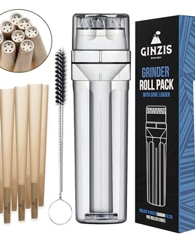 Ginzis Portable Herb Grinder Set with Built-in Storage – Manual 3 in 1 Grinder with Cone Loader and Cone Filler – Travel-Friendly Preparation Kit with 8 Charcoal Filter Cones