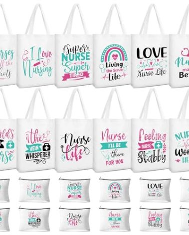 Huhumy 24 Pcs Nurses Week Gifts Bulk Nurse Appreciation Gifts 12 Nurse Tote Bag Bulk 12 Nurse Makeup Bag for Women (White,Classic)