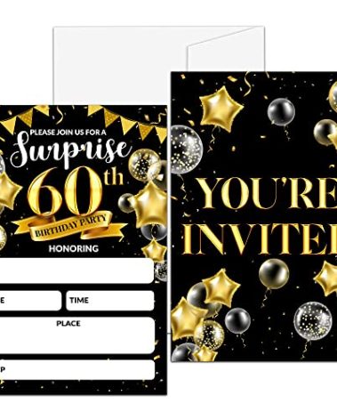 Surprise 60th Birthday Party Invitation, Black and Gold Fill-In Invites For Adult Woman & Man, 20 Invitations With Envelopes(4" x 6"), Party Favors Decorations And Supplies-04