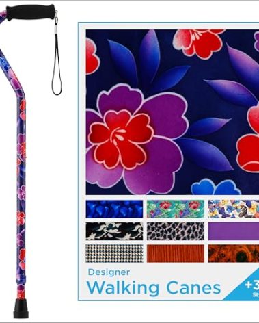 Nova Joy Designer Offset Walking Cane for Seniors - Unisex Adjustable Lightweight Aid with Foam Handle, Wrist Strap and Anti-Rattle Lock - Essential Mobility Support - Maui Flowers