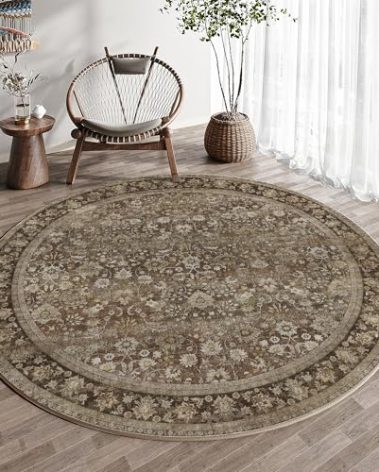 HUGEAR Round Rug 6ft Entryway Rugs Machine Washable Brown Hallway Area Rug 6x6 Large Circle Accent Rug Floral Low Pile Carpet Soft Throw Rug Living Room Office Laundry Room Entrance Non Slip