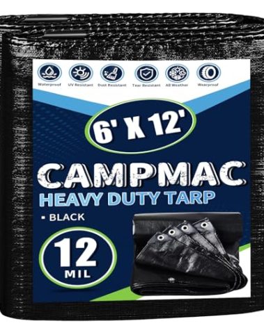 CAMPMAC Black Tarps Heavy Duty Waterproof 6x12, 12 Mil Thick, High Durability, Rip and Tear Resistant with Metal Grommets Every 20 Inches