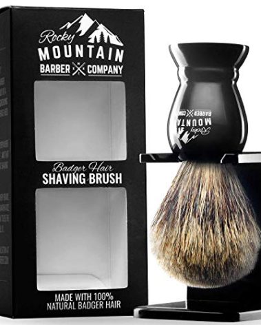 Shaving Brush with Stand - Rocky Mountain Barber Pure 100% Best Badger Hair Barber Grade with Black Heavy Duty All-Resin Handle and Oversized Bristle Head For Better Shaving Cream Lather