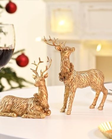AOMOONOA Gold Reindeer Christmas Decoration, 2Pcs Small Christmas Reindeer Figurines Indoor, Tabletop Deer Statue Christmas Decor, Resin Deer Figurine Decorations for Home