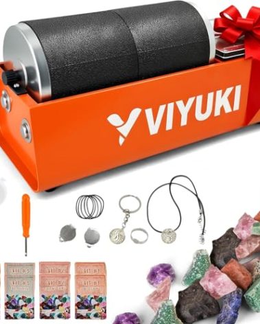 VIYUKI Professional Rock Tumbler Kit - Double Drum 6LB Lapidary Polisher for Adults (Double Barrel), Includes Rough Gemstones, 8 Polishing Grits, Jewelry, Learning Guide, Great Stem Science Kit
