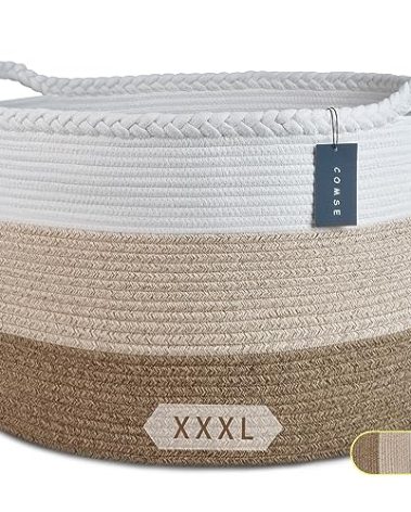COMSE Extra Large Blanket Basket, Woven Laundry Basket, 21.7”x 13.8”, Nursery Hamper, Cotton Rope Laundry Hamper Living Room for Storage Toys Clothes Towels(White & Gradient Brown)