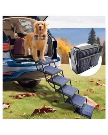 Dog Ramp for Car Truck and SUV Dog Stairs for Large Dogs Folding Pet Stairs with Non-Slip Rug Surface Supports Up to 250 lbs (6 Steps)