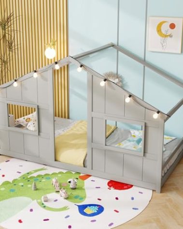 KOMFOTT Twin Floor House Bed with LED Lights, Montessori Floor Bed with House Shape Roof & Windows, Solid Wood Bed Frame Without Slats, Low to Ground Playhouse for Kids Boys Girls (Grey,Twin)