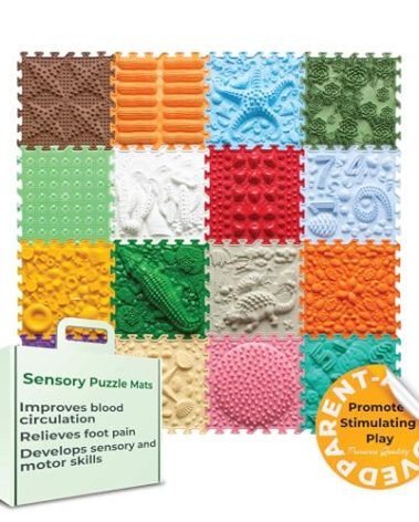 ORTO NATURE 16-Piece Sensory Massage Puzzle Play Mat – Interlocking Orthopedic Floor Tiles & Textured Sensory Mats for Kids & Adults (Joyful Land)