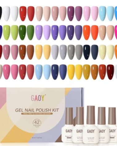 GAOY 42 Pcs Gel Nail Polish Kit, Pink White Red Jelly Nude Colors All Seasons Gel Nail Polish Set with Glossy & Matte Top Coat and Base Coat for Salon and DIY Manicure at Home