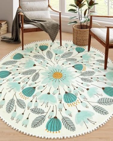 Uphome Round Rugs for Living Room 6ft, Washable Large Circle Rug for Bedroom, Blue Fringe Floral Plant Area Rug, Cute Non-Slip Round Carpet for Kidsroom Nursery Classroom