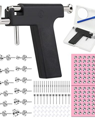 Professional Ear Piercing Gun Kit, Reusable Piercing Gun with Stainless Steel Piercing Earrings Studs, Crystal Earrings for At Home Salon Earlobe Cartilage Helix Tragus Piercing Tool Kit