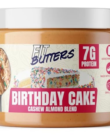 Fit Butters Birthday Cake Cashew Almond Butter Spread - Added Protein and Coconut Oil, Low Carb, Low Sugar, Gluten Free, Complete Protein Dessert Flavored Nut Butter