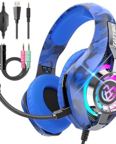 Tatybo Gaming Headset for PS5 PS4 Switch Xbox PC, Surround Sound Gaming Headphones with Noise Canceling Mic