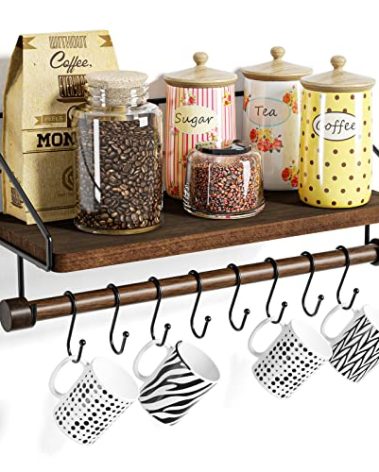Alsonerbay Floating Shelf Wall-Mounted, Coffee Bar Shelf with Hooks and Towel Bar, Kitchen Shelves for Organizing Cooking Utensils and Mugs