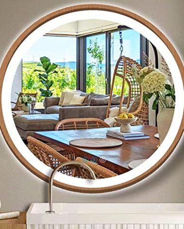 ARUMMA Wood Frame Round LED Bathroom Mirror With Lights 20 Inch, Lighted Vanity Wall Mirror, 3 Color Dimmable Anti-Fog Smart Circle Mirror