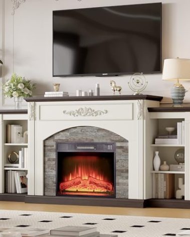 72" Electric Fireplace with Mantel, White TV Stand for TVs Up to 80 Inch, Farmhouse Entertainment Center with Storage for Bedroom,23'' Fireplace Insert Heater for Living Room