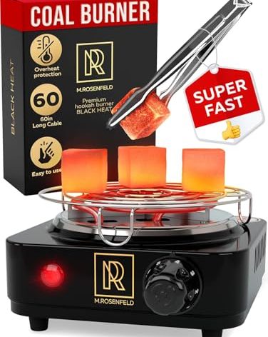 M. ROSENFELD Hookah Coal Burner 500W with Grid - Coal Burner for Hooka Cubes Black Heat Hookah Charcoal Burner Electric for Shisha with Grill & Free Hooka Tongs Hooka Stove - 304 Stainless Steel
