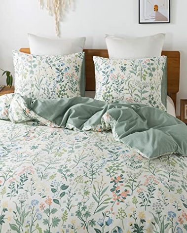 Travan Garden Style Floral Duvet Cover 100% Cotton Duvet Covers Ultra Soft Green Floral Bedding Sets with Zipper Closure, (3pcs, King Size)