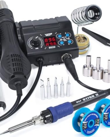 WEP 882D Soldering Iron Station 2-IN-1 SMD Hot Air Rework Station with 2 Spools of Solder Wire, 5 Soldering Tips, 3 Hot Air Nozzles, Brass Wool Tip Cleaner, Tweezers, Desoldering pump