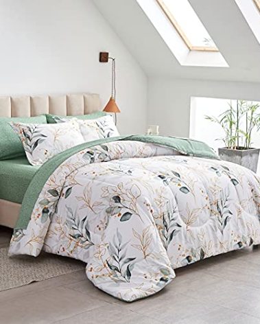 Joyreap 7 Piece Bed in a Bag King, Green Leaves Printed on White Botanical Design, Microfiber Comforter Set for All Season (1 Comforter, 2 Pillow Shams, 1 Flat Sheet, 1 Fitted Sheet, 2 Pillowcases)