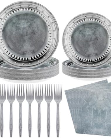 Jingmore 144 Pcs Medieval Pirate Halloween Party Supplies - Disposable Paper Pewter-style Tableware Set for Castle Knight Halloween Birthday Party Decor, Includes Plates, Napkins, and Forks