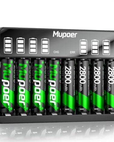 Mupoer Rechargeable AA Batteries with Charger, 8 Pack aa Rechargeable Batteries 2800mAh,High Capacity Ni-MH Batteries with Real LCD Screen Battery Charger for AA and AAA