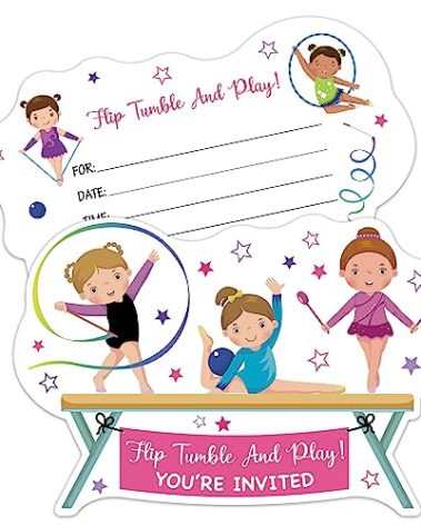 ERHACHAIJIA 15 PCS Cute Gymnastic Girls Shaped Fill-In Invitations Cards With Envelopes, Funny Birthday Sport Gymnastics Party Invites for Teen Girls Adults Gymnastics Lover (Flip Tumble And Play)