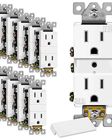 TOPGREENER TG215TRIC-10PCS Decorator Receptacle with Screw Hole for Wall Mount Surge Protector, Residential Grade, Tamper-Resistant, UL Listed, 15A 125V, White Outlet w/Grounded Center, 10 Pack