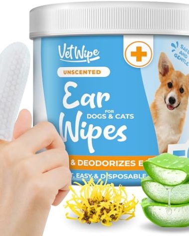 Dog Ear Cleaner Wipes - Finger Ear Wipes for Dogs & Cats with Otic Cleaning Solution, Sooths and Deodorizes. Pet Ear Relief - 50 Count, White