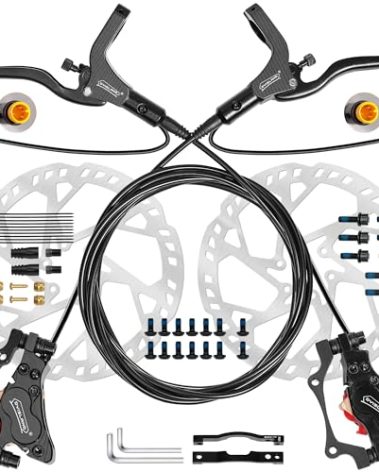 DYISLAND E-Bike Hydraulic Disc Brake Set 4-Pistons/2-Pistons, 2-PIN/3-PIN Pre-Bled with Mineral Oil Brakes Kit,Front and Rear Set,180mm 2.3mm Thick Rotors (Black/4-Pistons/3-PIN/F1100mm*R1900mm)