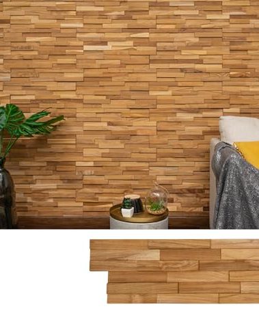 WoodyWalls 3D Wall Panels | Wood Planks are Made from 100% Teak | Each Wood Panel is Handmade and Unique | Premium Set of 10 3D Wall Decor Panels | DIY Wood Panels (9.5 sq.ft. per Box) Natural Teak