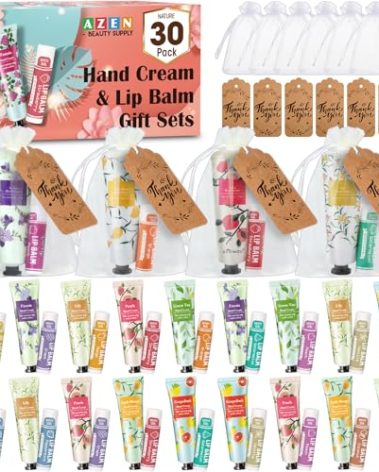 AZEN 30 Sets Bulk Gifts, Hand Cream and Lip Balm Bulk Set with Organza Bag Thank You Card, Baby Shower Wedding Gifts for Guests, Bridal Wedding Favors for Guests,Thank You Gifts for Women