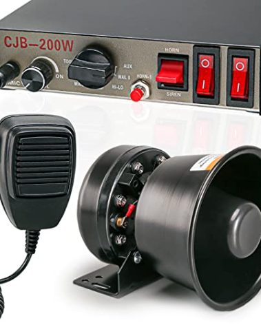 BooYu 12V 200W 9 Tones Police Warning Emergency Siren PA System [Black Steel Speaker][125-135dB][Handheld Microphone][Hands-Free][2 x 10A Switches] for Firefighter Ambulance Vehicles Truck SUV ATV UTV