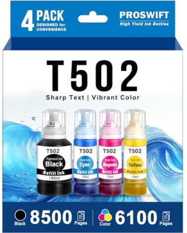 PROSWIFT T502 Ink Refill Bottles Remanufactured Replacement for Epson 502 T502 Ink for EcoTank ET-3850 ET-2850 ET-4850 ET-15000 ET-3760 Printer (4 Bottles, 1BK,CMY)