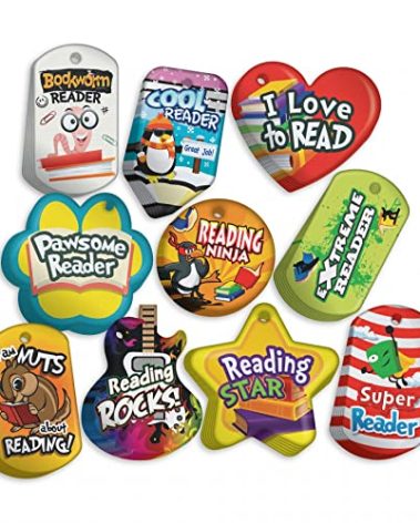 Student Reading Incentives Brag Tag Value Pack: 500 Colorful, Waterproof, Reading Encouragement Tags (50 Tags for Each Shape) + 150 USA-Made 24" Hypoallergenic Aluminum Safety Chains