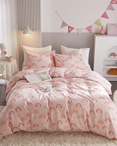 Ivellow Queen Duvet Cover Set 100% Cotton Rainbow Pink Kids Duvet Cover for Girls Cute Kawaii Bedding Set 3 Pcs Ultra Soft Breathable Toddler Teen Duvet Cover Patterned Cartoon Comforter Cover Bed Set