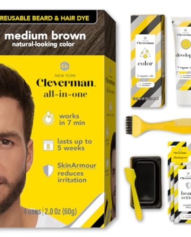 Cleverman Hair & Beard Dye Kit for Men, All-in-One Reusable Mens Hair Color, Natural Gray Coverage, Ammonia-Free Beard Mustache Dye for Men (Medium Brown)