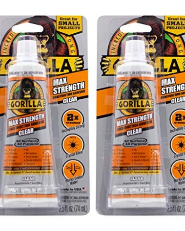 Gorilla Max Strength Construction Adhesive, Clear Glue, 2.5 Ounce Squeeze Tube (Pack of 2) - Gap Filling and Waterproof