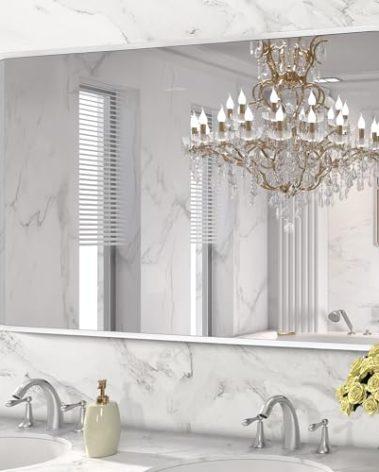 Minuover Brushed Nickel Bathroom Wall Mirror, Silver Metal Framed Large Rounded Corner Rectangle Mirror, Tempered Glass, Shatter Proof, Hangs Horizontally or Vertically (30" x 48", Silver)