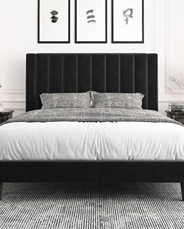 Allewie Full Bed Frame/Velvet Upholstered Bed Frame with Vertical Channel Tufted Headboard/Strong Wooden Slats/Platform Bed Frame/Mattress Foundation/Box Spring Optional/Easy Assembly/Black
