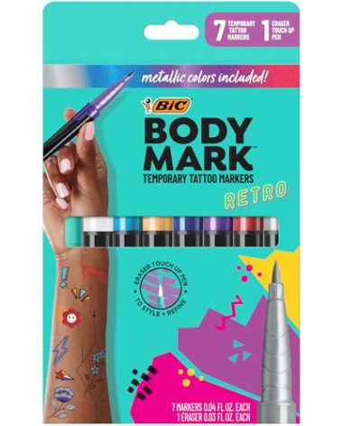BodyMark 90s Pack Temporary Tattoo Markers for Skin, 4 Metallic, 3 Bold Colors, 1 Eraser Pen, Flexible Brush Tip, Skin-Safe, Cosmetic Quality, 8-Count