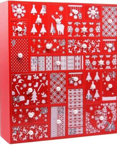 Juegoal Red Advent Calendar with 24 Drawers Countdown to Christmas, Refillable Wooden Advent, Christmas Gift for Children, 15 Inches Tall