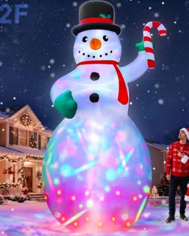 12 Ft by 6 Ft Giant Christmas Inflatables Snowman Outdoor Decorations, Blow Up Snowman Holds Candy Cane Built-in Rotating Colorful Lights Christmas Decorations Outdoor Yard Lawn Garden Holiday Party
