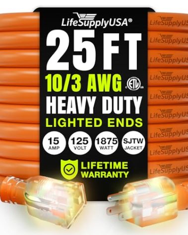 25ft Outdoor/Indoor Extension Cord 10/3 Gauge Ultra Heavy Duty 3 Prong SJTW, Waterproof, ETL Listed, Flexible Cold-Resistant Long Power Cord,15A 125V 1875W, Orange by LifeSupplyUSA
